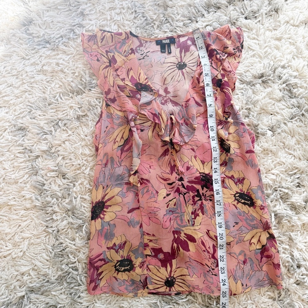 PAIGE | Cataleya Pink Multi 100% Silk sleeveless Ruffle blouse Size XXs - Picture 9 of 9